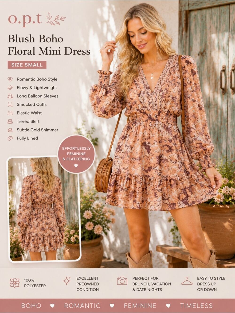Anthropologie O.P.T Blush Boho Floral Mini Dress Size Small